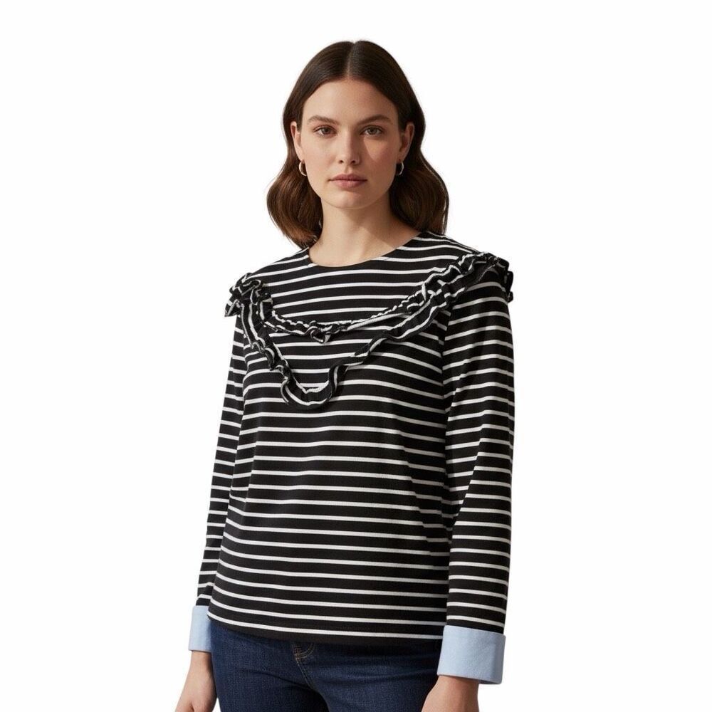 English Factory Black White Striped Ruffle Top Women’s Large French Terry Long S